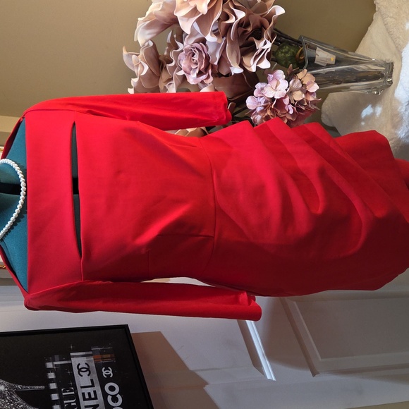 Nwot 14 Alex Evenings Red Long Sleeve Sheath Dress with Neck Cutout - Picture 13 of 17